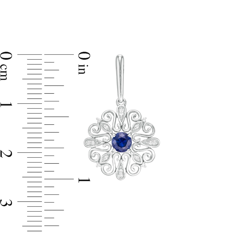 4.0mm Lab-Created Blue Sapphire and 0.04 CT. T.W. Diamond Filigree Scroll Frame Drop Earrings in Sterling Silver