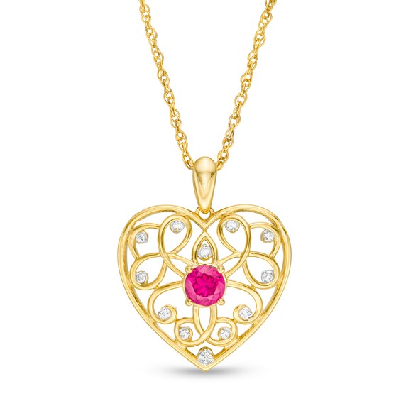 4.0mm Lab-Created Ruby and 0.04 CT. T.W. Diamond Filigree Heart Pendant in 10K Gold