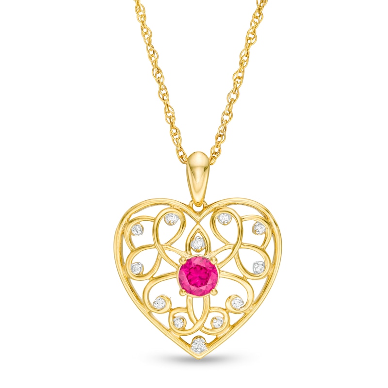 4.0mm Lab-Created Ruby and 0.04 CT. T.W. Diamond Filigree Heart Pendant in 10K Gold