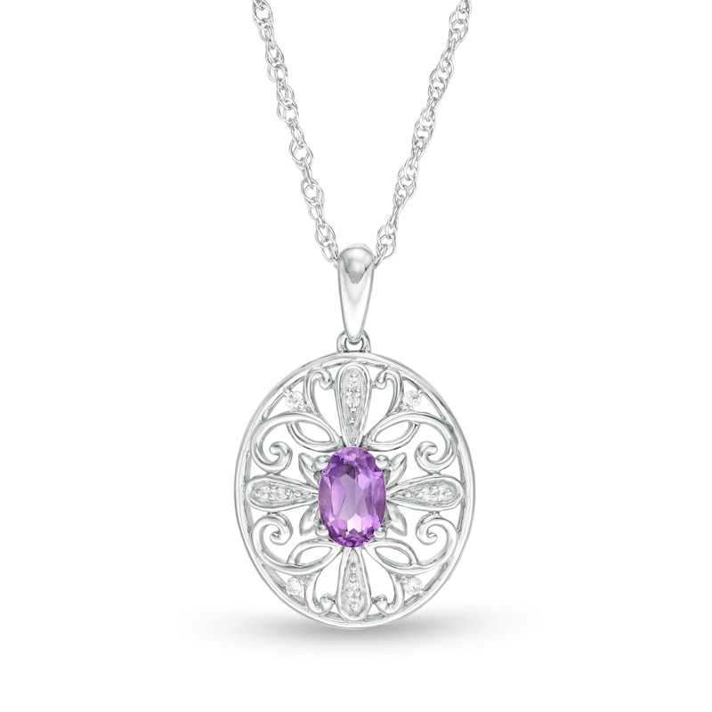 Amethyst and 0.04 CT. T.W. Diamond Filigree Cross Oval Pendant in Sterling Silver|Peoples Jewellers