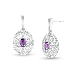 Amethyst and 0.04 CT. T.W. Diamond Filigree Cross Oval Drop Earrings in Sterling Silver