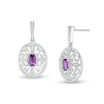 Amethyst and 0.04 CT. T.W. Diamond Filigree Cross Oval Drop Earrings in Sterling Silver