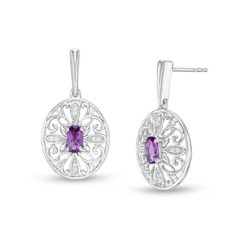 Main Image 1 of Amethyst and 0.04 CT. T.W. Diamond Filigree Cross Oval Drop Earrings in Sterling Silver