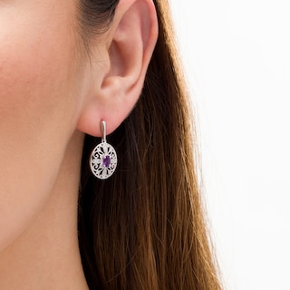 Amethyst and 0.04 CT. T.W. Diamond Filigree Cross Oval Drop Earrings in Sterling Silver