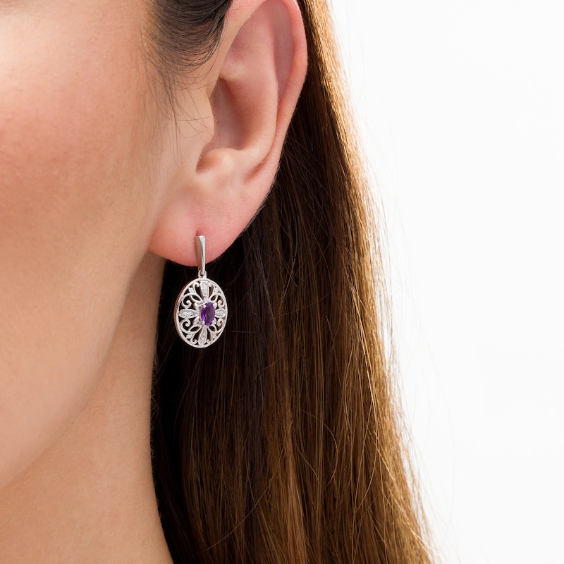 Main Image 2 of Amethyst and 0.04 CT. T.W. Diamond Filigree Cross Oval Drop Earrings in Sterling Silver