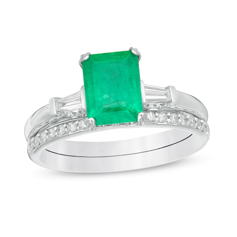 Emerald-Cut Emerald and 0.32 CT. T.W. Diamond Collar Bridal Set in 14K White Gold