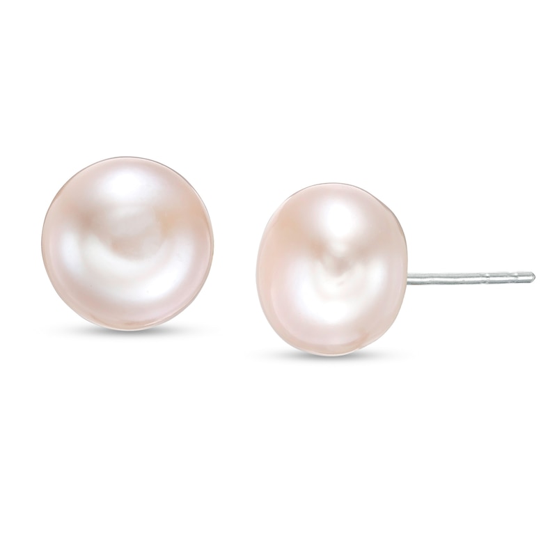 10.0-11.0mm Button Dyed Pink Cultured Freshwater Pearl Stud Earrings in Sterling Silver