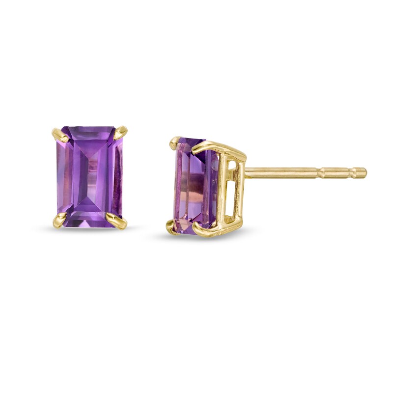 Main Image 1 of Emerald-Cut Amethyst Solitaire Stud Earrings in 14K Gold