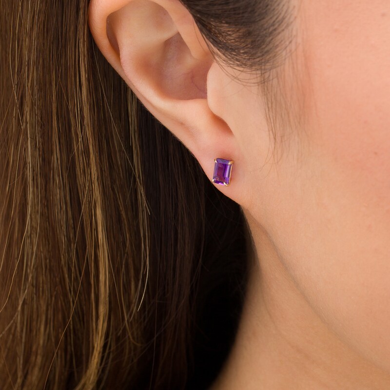 Main Image 2 of Emerald-Cut Amethyst Solitaire Stud Earrings in 14K Gold