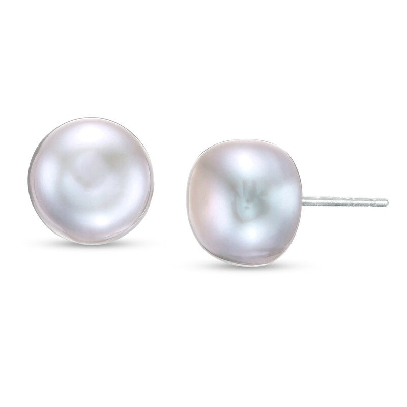 10.0-11.0mm Button Dyed Grey Cultured Freshwater Pearl Stud Earrings in Sterling Silver