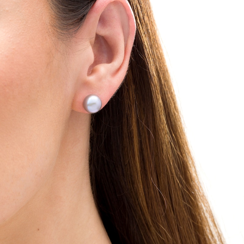 Main Image 2 of 10.0-11.0mm Button Dyed Grey Freshwater Cultured Pearl Stud Earrings in Sterling Silver