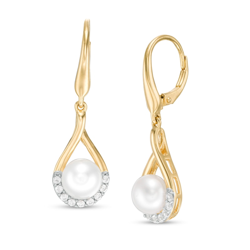 7.0mm Button Cultured Freshwater Pearl and Lab-Created White Sapphire Earrings in Sterling Silver with 14K Gold Plate