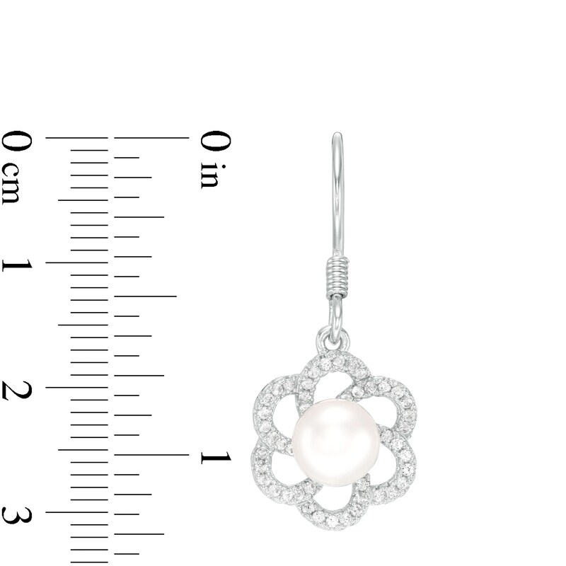 Main Image 3 of 6.5-7.0mm Button Freshwater Cultured Pearl and Lab-Created White Sapphire Flower Drop Earrings in Sterling Silver