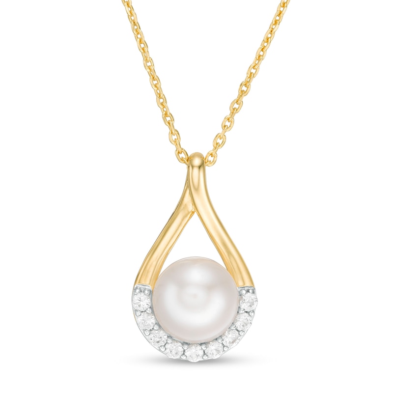 Main Image 1 of 8.0mm Button Freshwater Cultured Pearl and Lab-Created White Sapphire Pendant in Sterling Silver with 14K Gold Plate