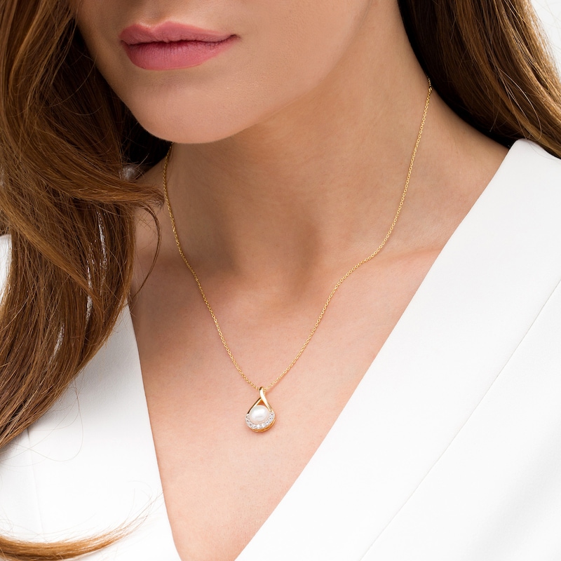 8.0mm Button Cultured Freshwater Pearl and Lab-Created White Sapphire Pendant in Sterling Silver with 14K Gold Plate