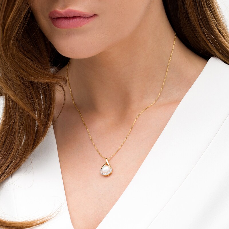 Main Image 2 of 8.0mm Button Freshwater Cultured Pearl and Lab-Created White Sapphire Pendant in Sterling Silver with 14K Gold Plate