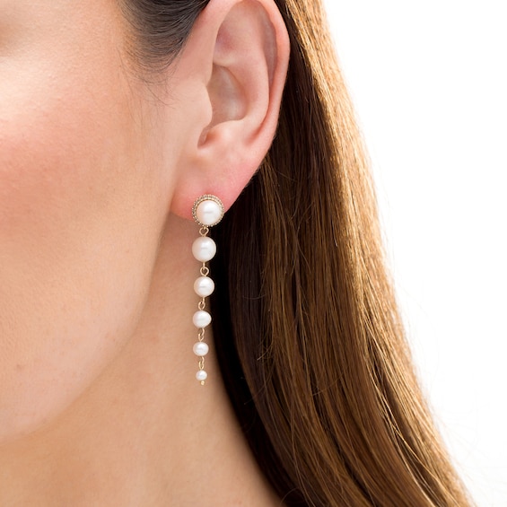 2.5-7.0mm Freshwater Cultured Pearl and Lab-Created White Sapphire Graduated Drop Earrings in 10K Gold