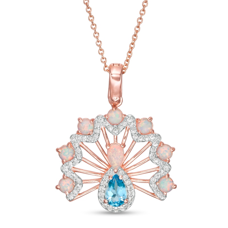 Swiss Blue Topaz, Lab-Created Opal and White Sapphire Peacock Pendant in Sterling Silver with 18K Rose Gold Plate