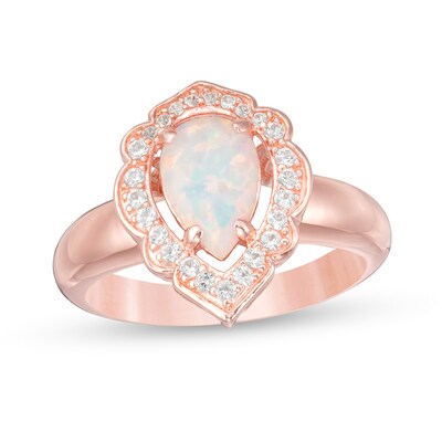 Pear-Shaped Lab-Created Opal and White Sapphire Scallop Frame Ring in Sterling Silver with 18K Rose Gold Plate