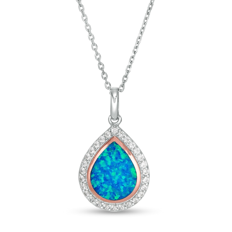 Pear-Shaped Lab-Created Blue Opal and White Sapphire Teardrop Pendant in Sterling Silver and 14K Rose Gold Plate|Peoples Jewellers