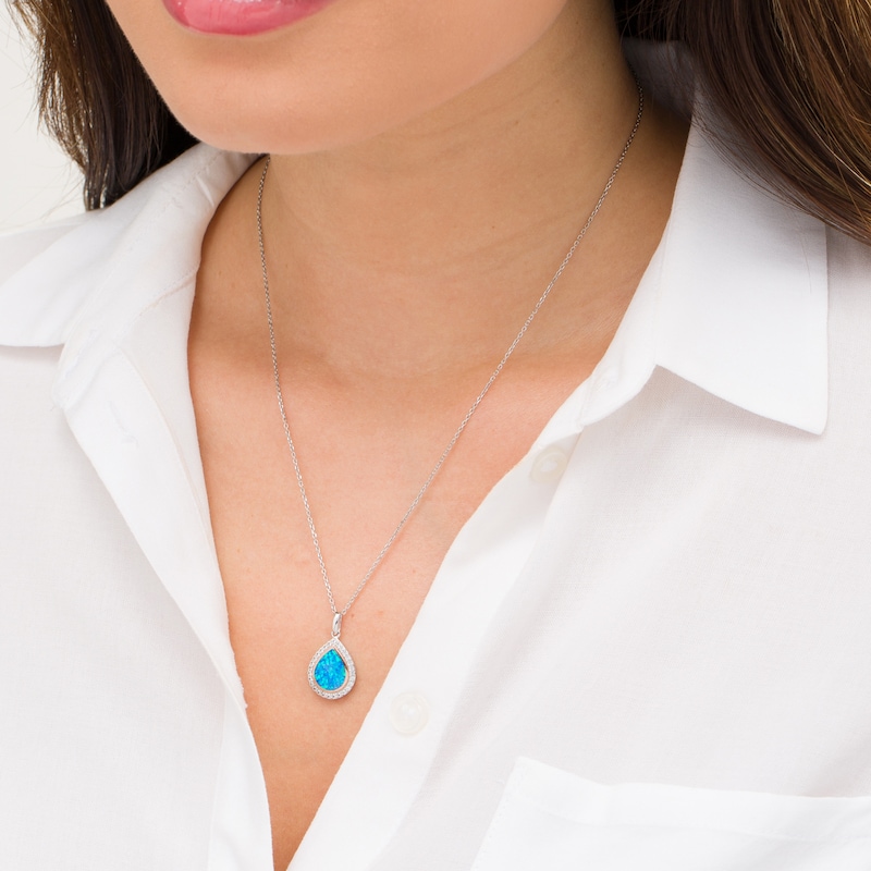 Pear-Shaped Lab-Created Blue Opal and White Sapphire Teardrop Pendant in Sterling Silver and 14K Rose Gold Plate