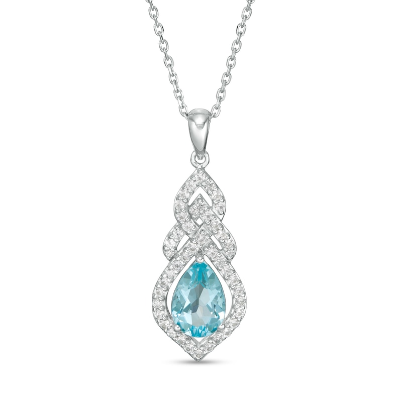 Pear-Shaped Swiss Blue Topaz and Lab-Created White Sapphire Interwoven Drop Pendant in Sterling Silver