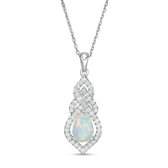 Pear-Shaped Lab-Created Opal and White Sapphire Interwoven Drop Pendant in Sterling Silver