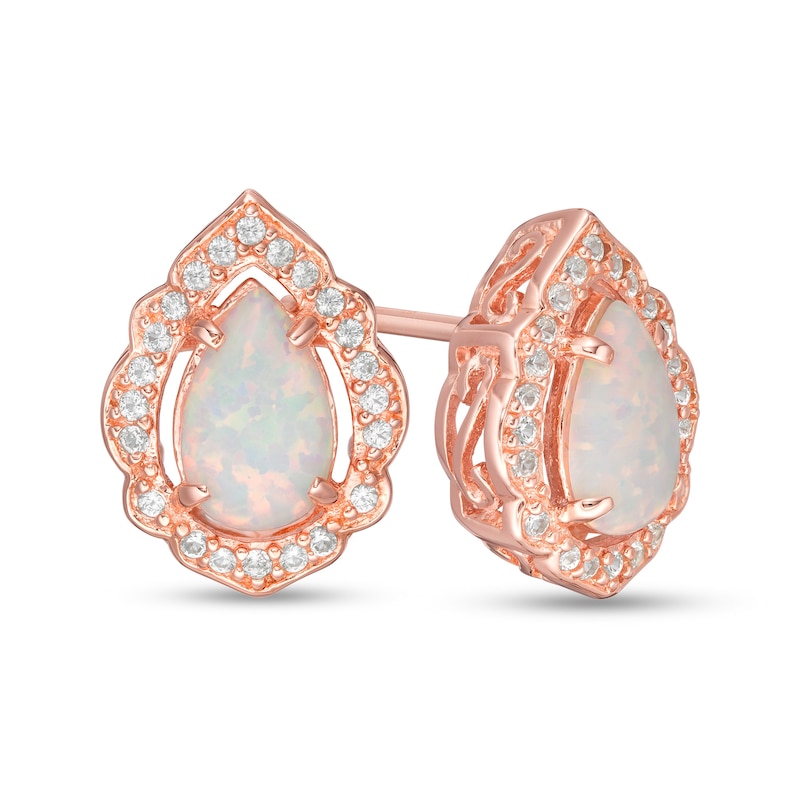 Main Image 1 of Pear-Shaped Lab-Created Opal and White Sapphire Scallop Frame Stud Earrings in Sterling Silver with 18K Rose Gold Plate