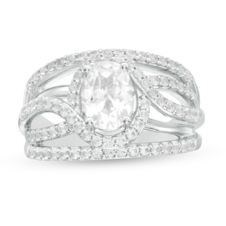 Oval Lab-Created White Sapphire Bypass Frame Open Shank Ring in Sterling Silver