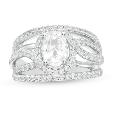 Oval Lab-Created White Sapphire Bypass Frame Open Shank Ring in Sterling Silver