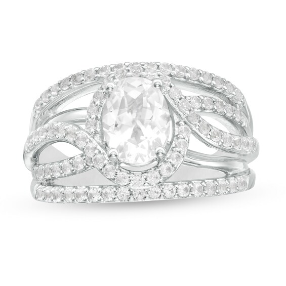 Oval Lab-Created White Sapphire Bypass Frame Open Shank Ring in Sterling Silver