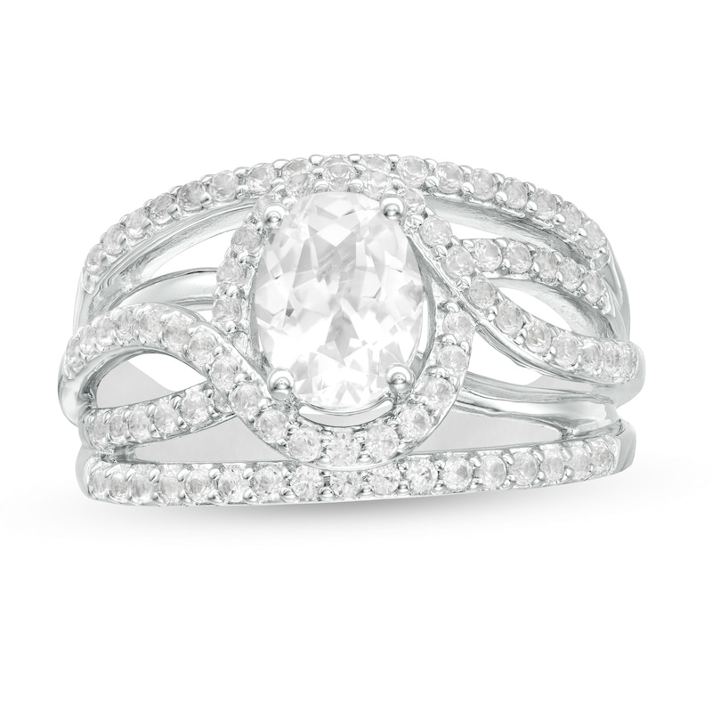 Oval Lab-Created White Sapphire Bypass Frame Open Shank Ring in Sterling Silver