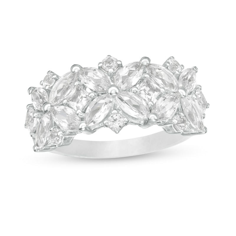 Main Image 1 of Marquise, Princess-Cut and Round Lab-Created White Sapphire Cluster Floral Ring in Sterling Silver