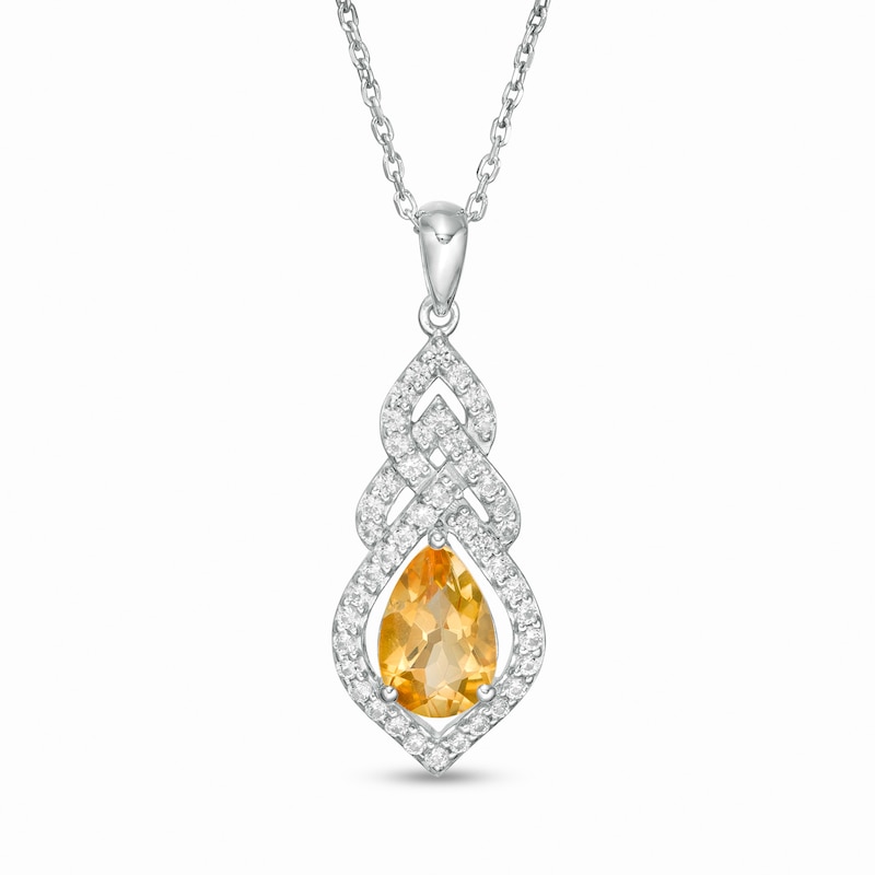 Pear-Shaped Citrine and Lab-Created White Sapphire Interwoven Drop Pendant in Sterling Silver
