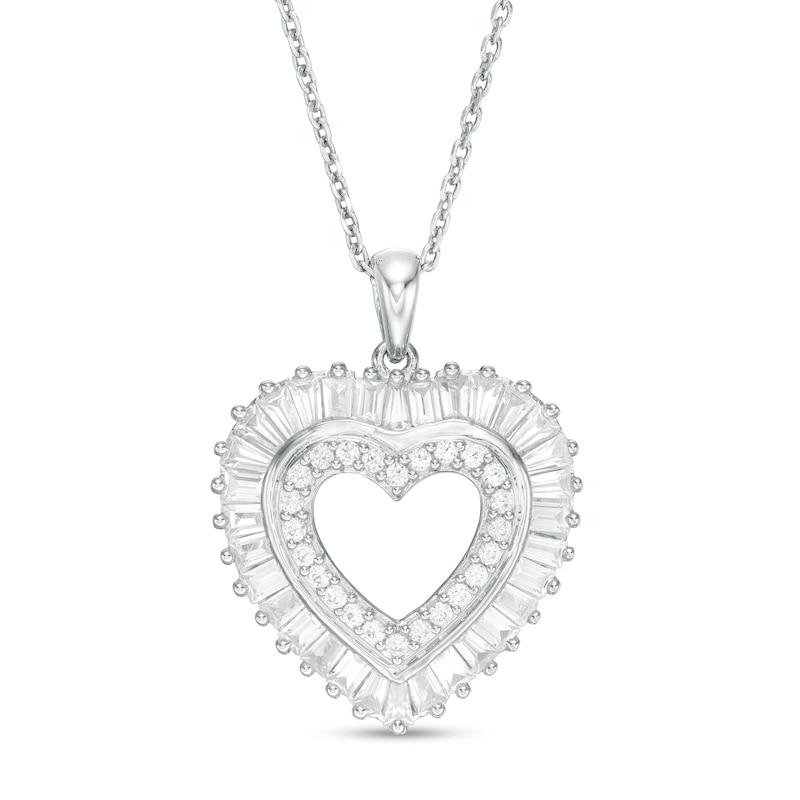 Main Image 1 of Baguette-Cut and Round Lab-Created White Sapphire Double Heart Pendant in Sterling Silver