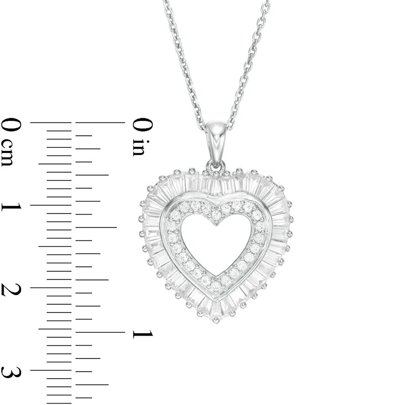 Main Image 3 of Baguette-Cut and Round Lab-Created White Sapphire Double Heart Pendant in Sterling Silver