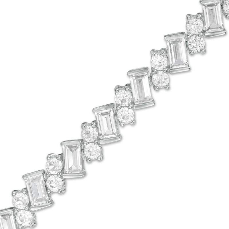 Main Image 1 of Slanted Baguette-Cut and Round Lab-Created White Sapphire Tennis Bracelet in Sterling Silver - 7.25"
