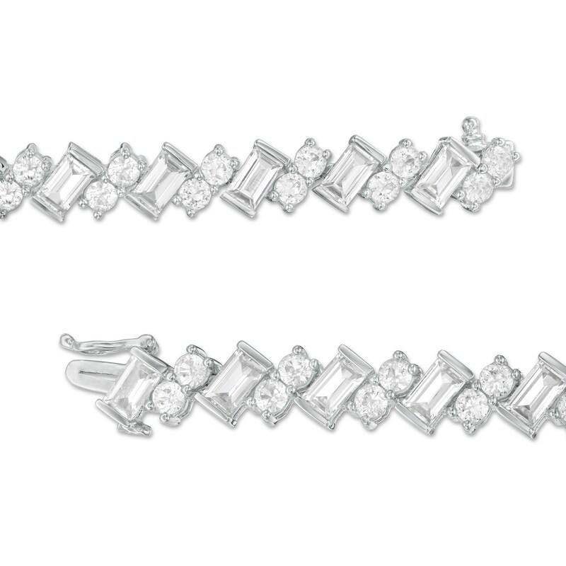 Main Image 3 of Slanted Baguette-Cut and Round Lab-Created White Sapphire Tennis Bracelet in Sterling Silver - 7.25"