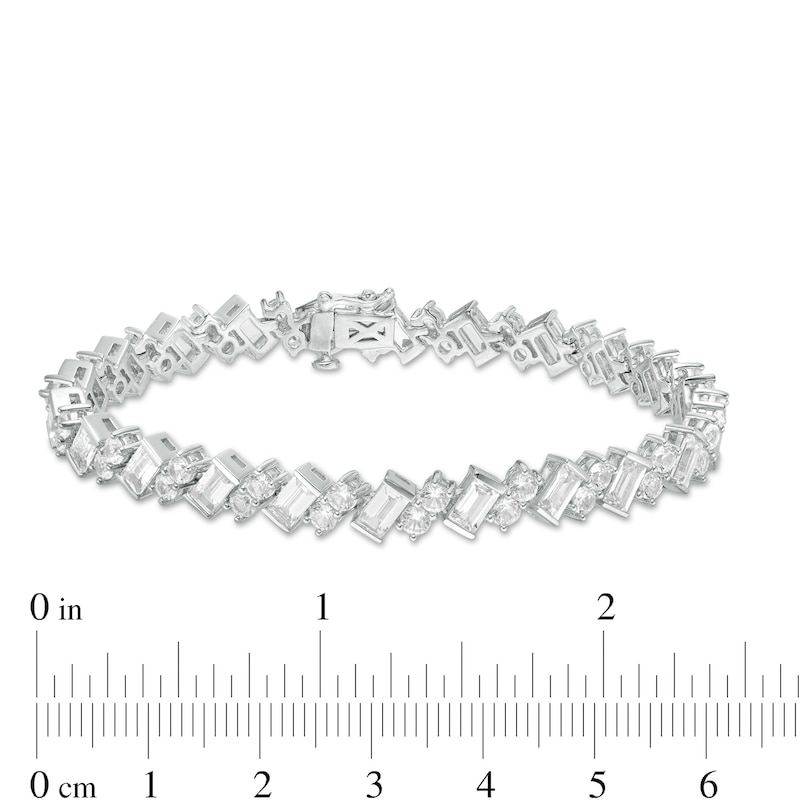 Main Image 4 of Slanted Baguette-Cut and Round Lab-Created White Sapphire Tennis Bracelet in Sterling Silver - 7.25"