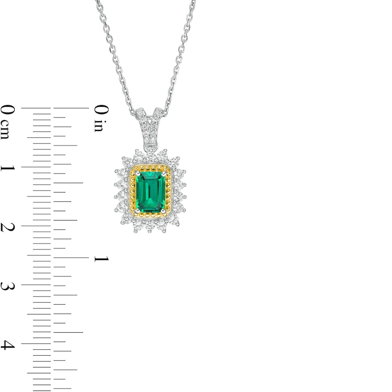 Main Image 3 of Emerald-Cut Lab-Created Emerald and White Sapphire Sunburst Frame Drop Pendant in Sterling Silver with 14K Gold Plate