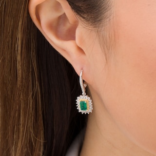 Emerald-Cut Lab-Created Emerald and White Sapphire Sunburst Frame Drop Earrings in Sterling Silver with 14K Gold Plate
