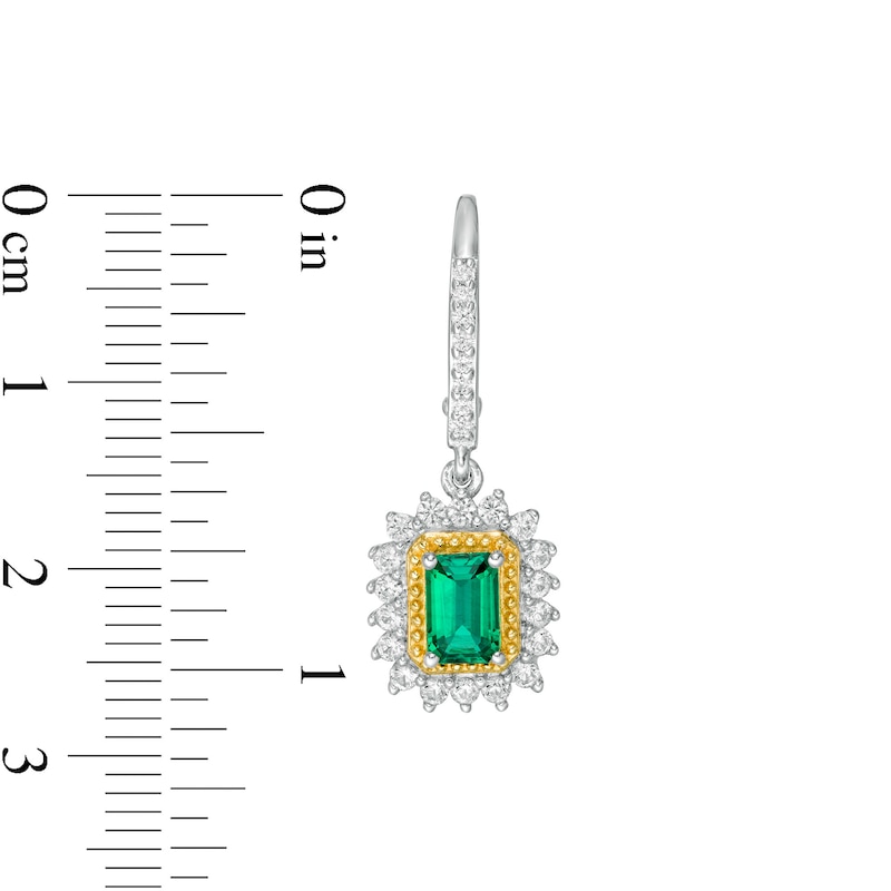Emerald-Cut Lab-Created Emerald and White Sapphire Sunburst Frame Drop Earrings in Sterling Silver with 14K Gold Plate