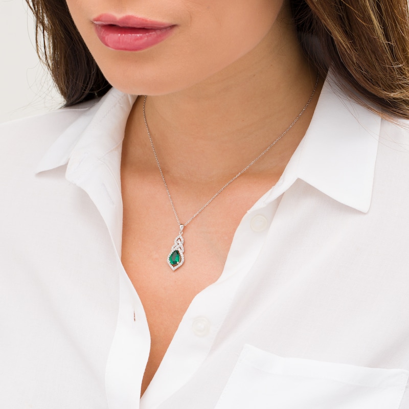 Pear-Shaped Lab-Created Emerald and White Sapphire Interwoven Drop Pendant in Sterling Silver