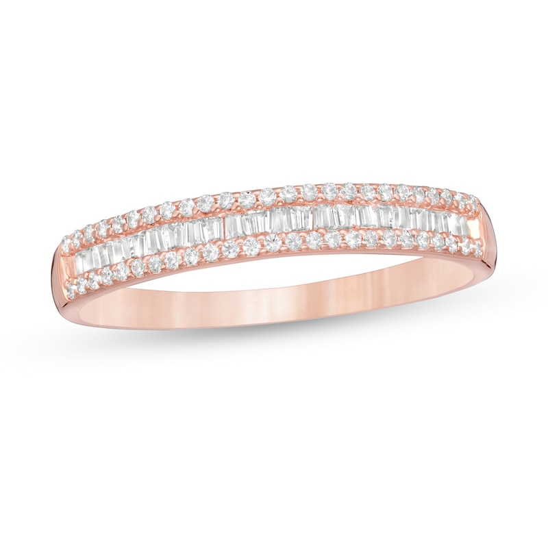 0.25 CT. T.W. Baguette and Round Diamond Triple Row Anniversary Band in 10K Rose Gold