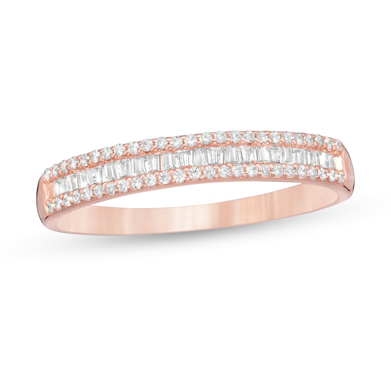 0.25 CT. T.W. Baguette and Round Diamond Triple Row Anniversary Band in 10K Rose Gold|Peoples Jewellers