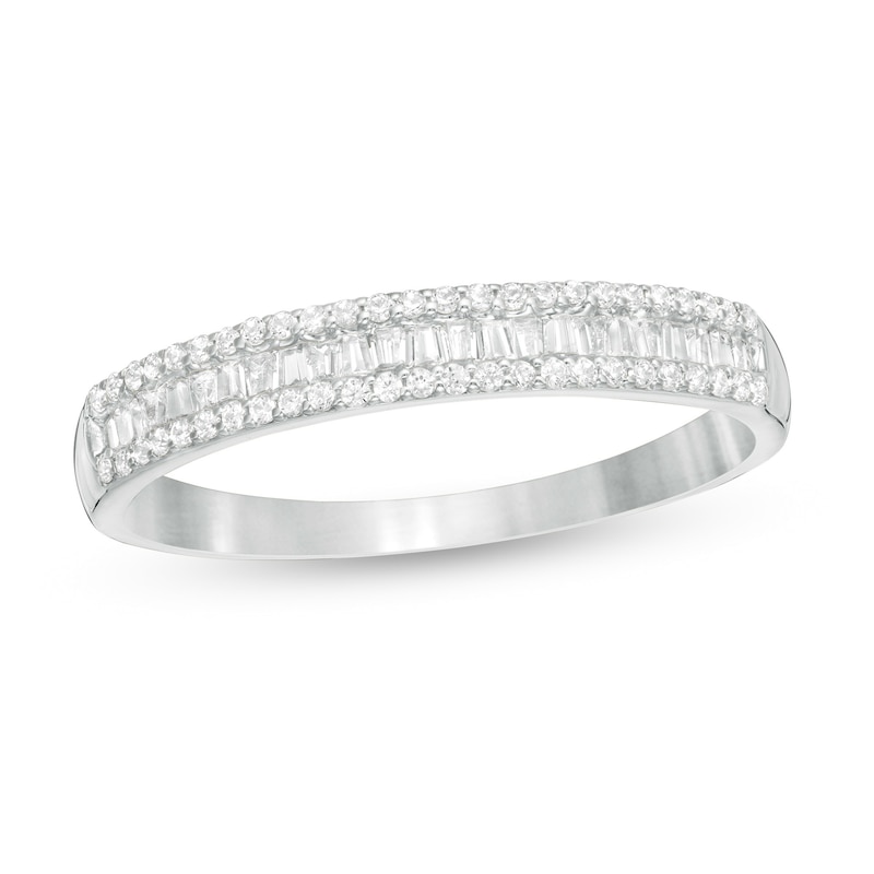 0.25 CT. T.W. Baguette and Round Diamond Triple Row Anniversary Band in 10K White Gold