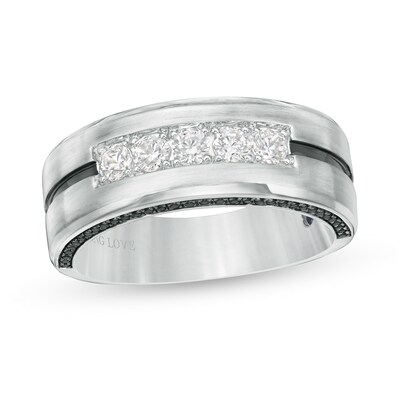 Vera Wang Love Collection Men's 0.69 CT. T.W. Black and White Diamond Five Stone Wedding Band in 14K White Gold