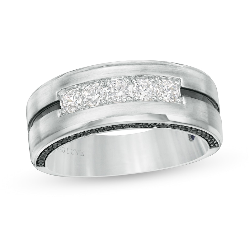 Main Image 1 of Vera Wang Love Collection Men's 0.69 CT. T.W. Black and White Diamond Five Stone Wedding Band in 14K White Gold