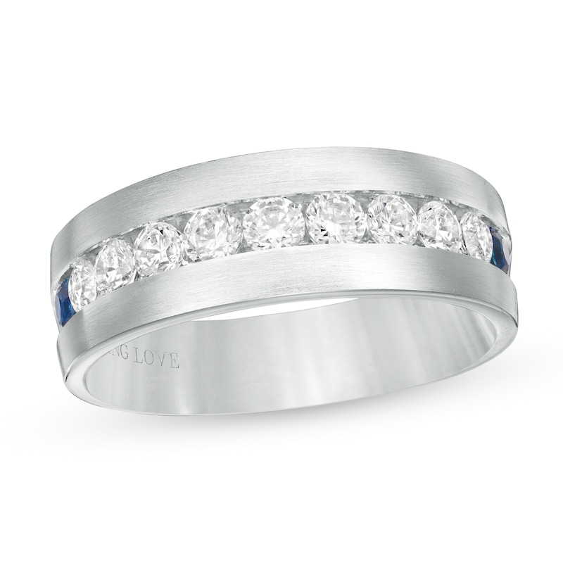 Vera Wang Love Collection Men's 0.95 CT. T.W. Diamond and Blue Sapphire Wedding Band in 14K White Gold|Peoples Jewellers