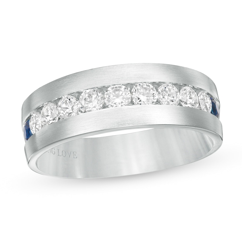 Main Image 1 of Vera Wang Men's 0.95 CT. T.W. Diamond and Blue Sapphire Wedding Band in 14K White Gold